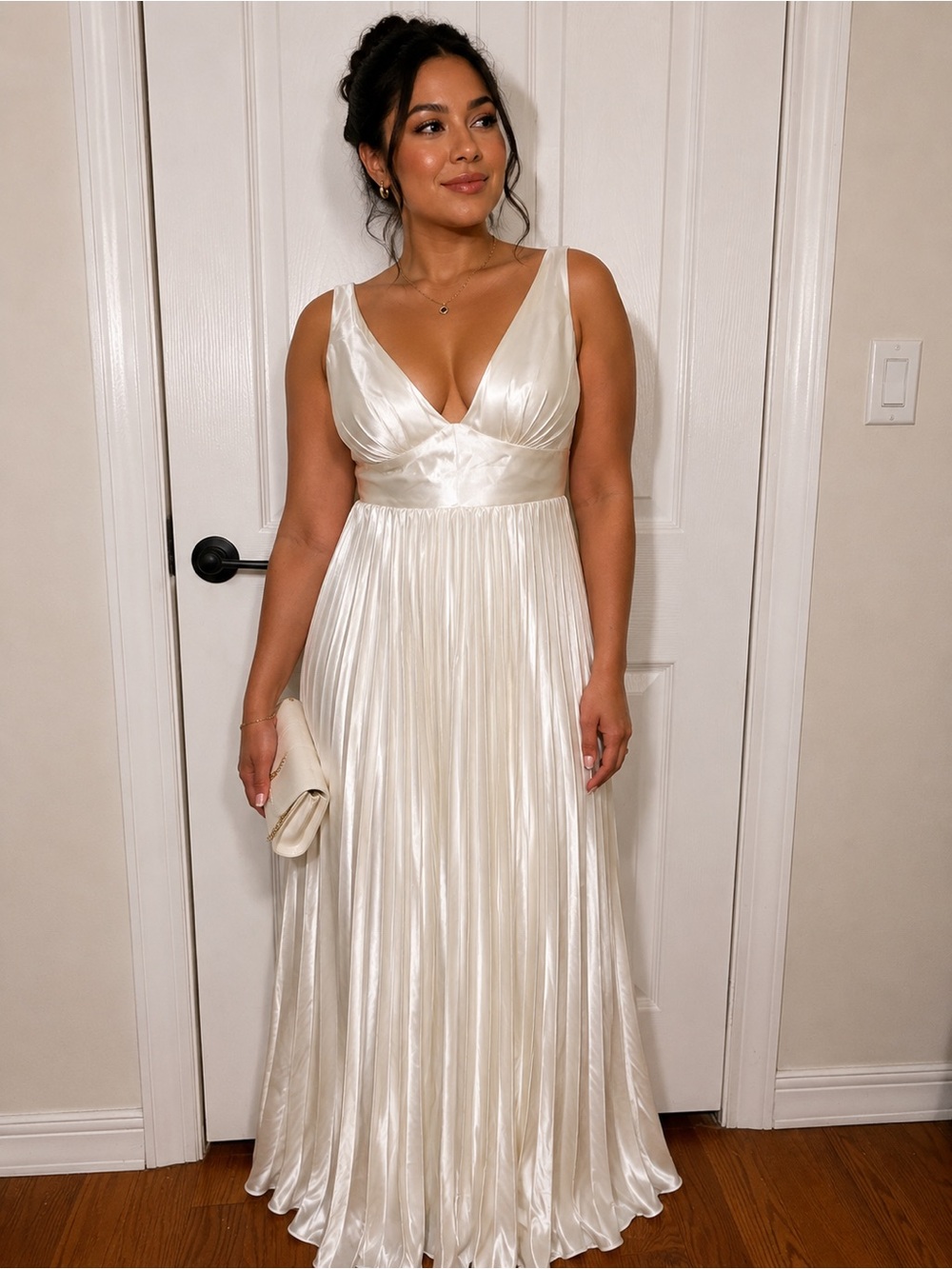 Ivory Satin V-Neck Pleated Evening Dress